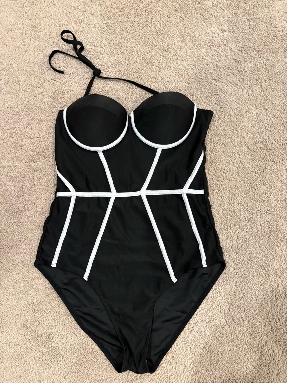 Black One-Piece Swimsuit with White Piping